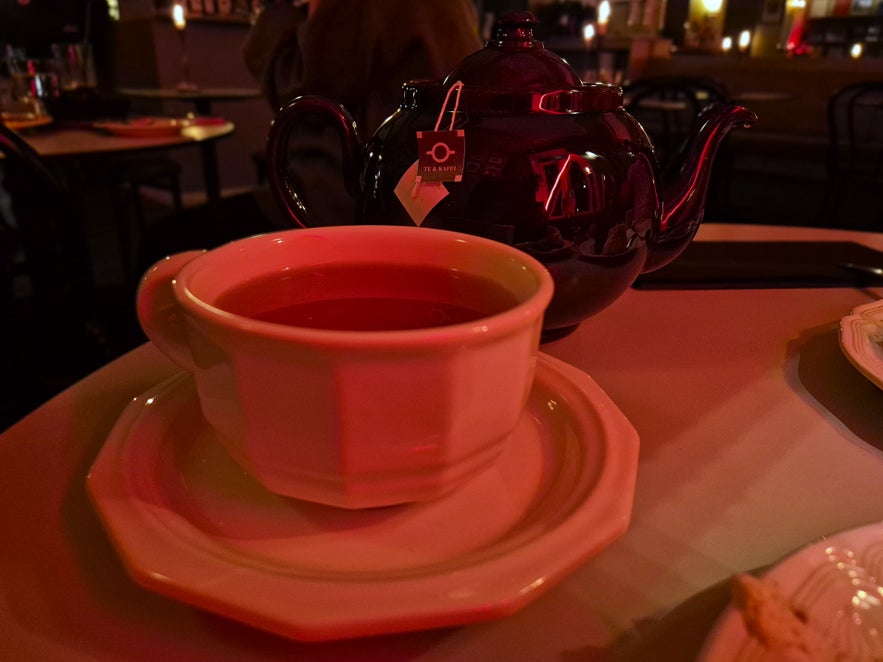 Cup of chamomile tea from Te & Kaffi served in a teapot at Litli Barinn in Reykjavik.