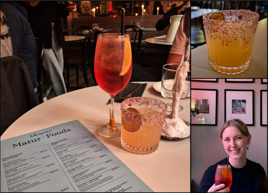 Collage of colorful cocktails at Litli Barinn in Reykjavik, featuring a spritz, margarita, and cozy candlelit setting.