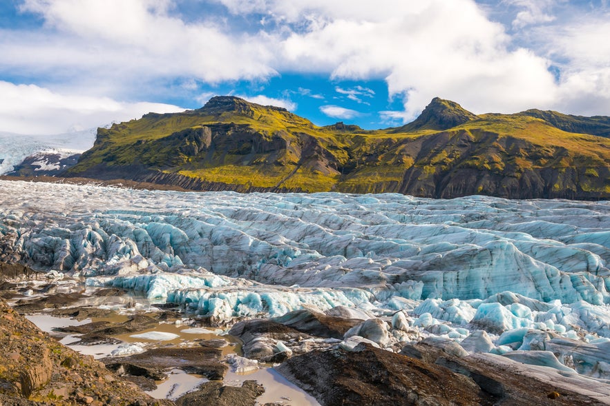 The Svinafellsjokull Glacier in Vatnajokull National Park, Iceland, stretches across the landscape with rugged ice formations, set against a backdrop of yellow-green mountains.