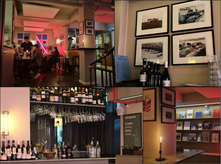 Collage showing Litli Barinn’s cozy interior, bar area with wine bottles, candlelight, and wall art in Reykjavik.