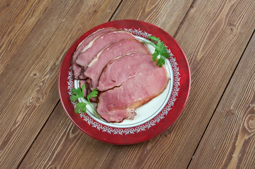 Hangikjot smoked lamb slices, a traditional Christmas dish enjoyed during winter in Iceland