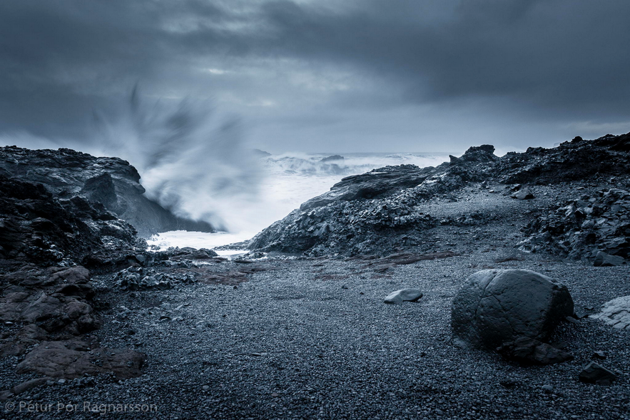 The sea crashing on the beach, Iceland in winter