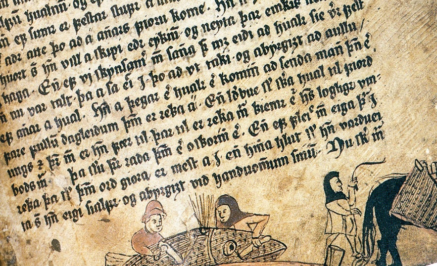 An old Icelandic manuscript page with handwritten text and small illustrations at the bottom.