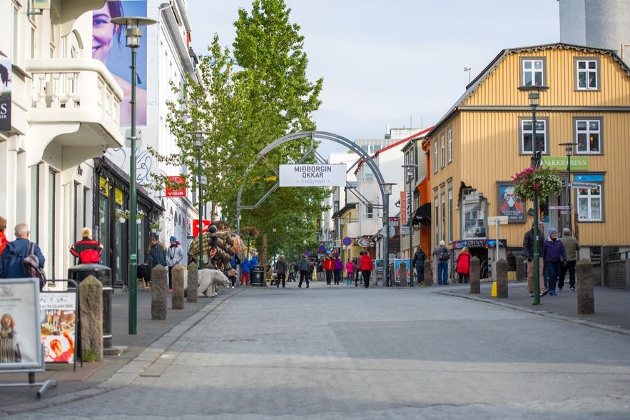 Laugavegur in Reykjavik showing the building of the Restaurant Mama.