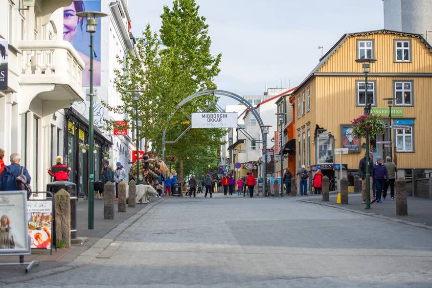 Laugavegur in Reykjavik showing the building of the Restaurant Mama.