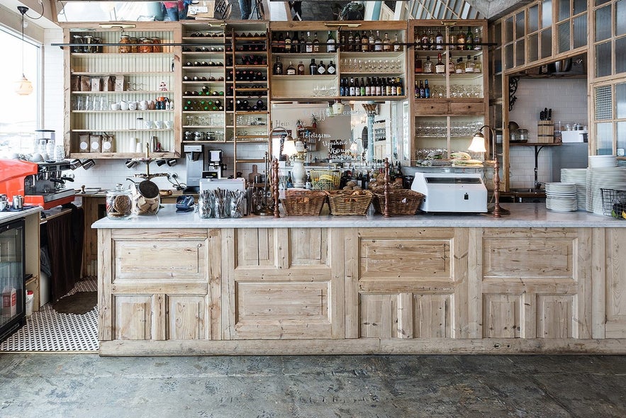 The service desk and bar at Kaffihús Vesturbæjar in Reykjavik.