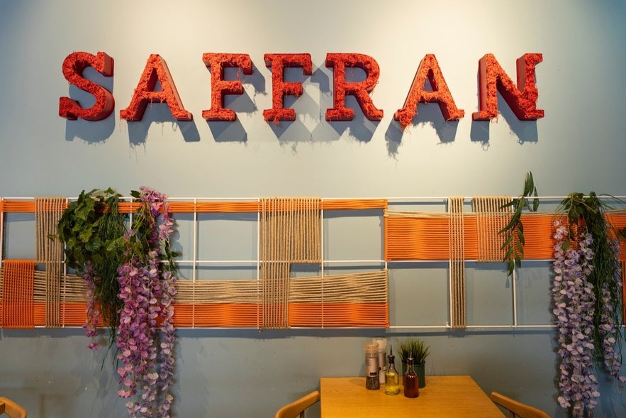 Photo showing the logo of Saffran inside one of their locations in Reykjavik.
