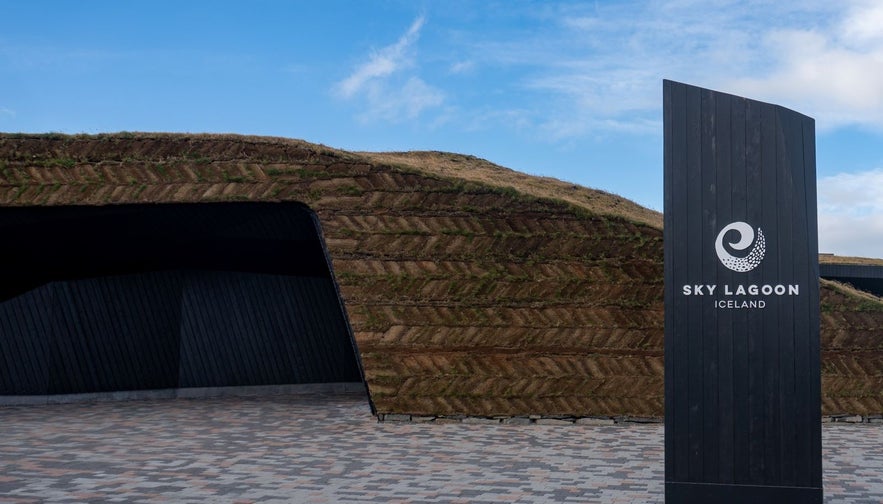 Turf wall of the entrance of the sky lagoon in kopavogur near reykjavik iceland