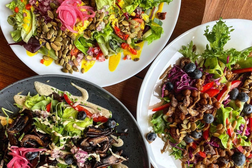 Colorful vegan salads with greens, seeds, berries, and dressings served at Mama restaurant in Reykjavik.