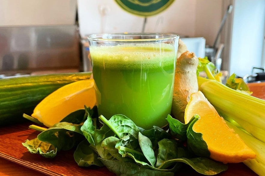 Green vegan drink available at Mama restaurant in Reykjavik.