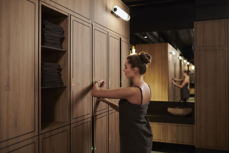 Woman in the locker room of the Sky Lagoon in Iceland