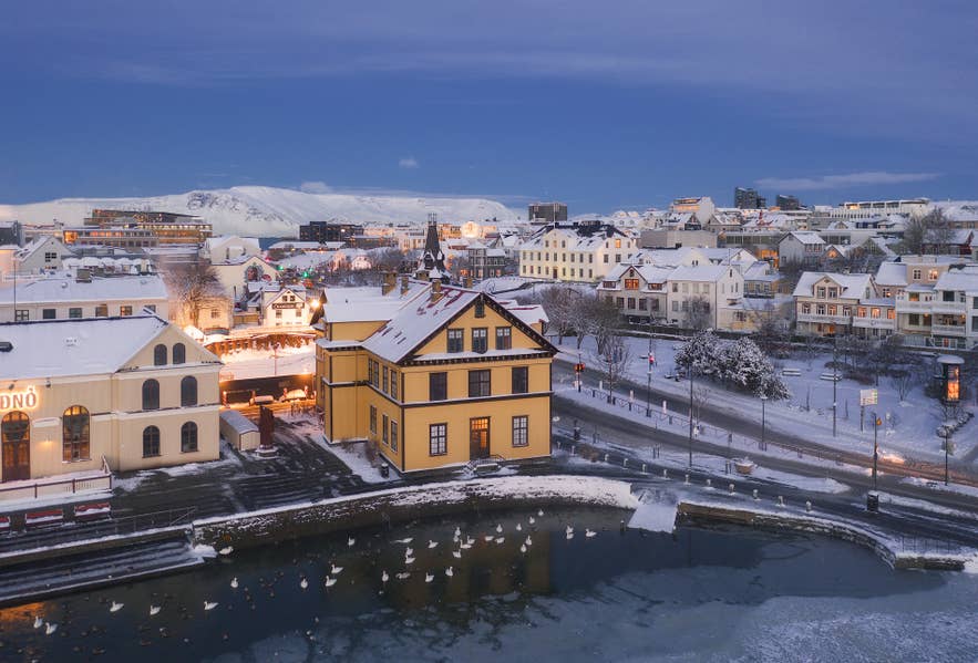 Snow-covered buildings surround the Tjörnin pond in downtown Reykjavik at dusk, with ducks and swans gathered on the partially frozen water and Mount Esja visible in the distance under a blue winter sky.