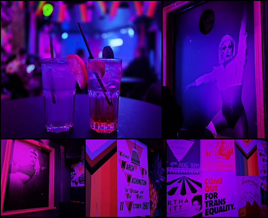 Cocktails, queer art, and LGBTQ+ posters inside Kiki Bar, a popular nightlife spot in Reykjavik.