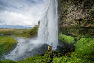 A person in a yellow jacket stands behind Seljalandsfoss Waterfall surrounded by green cliffs.
