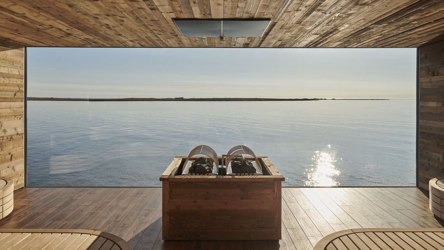 The sauna at the Sky Lagoon in Iceland showing the spa area and beautiful view of the ocean