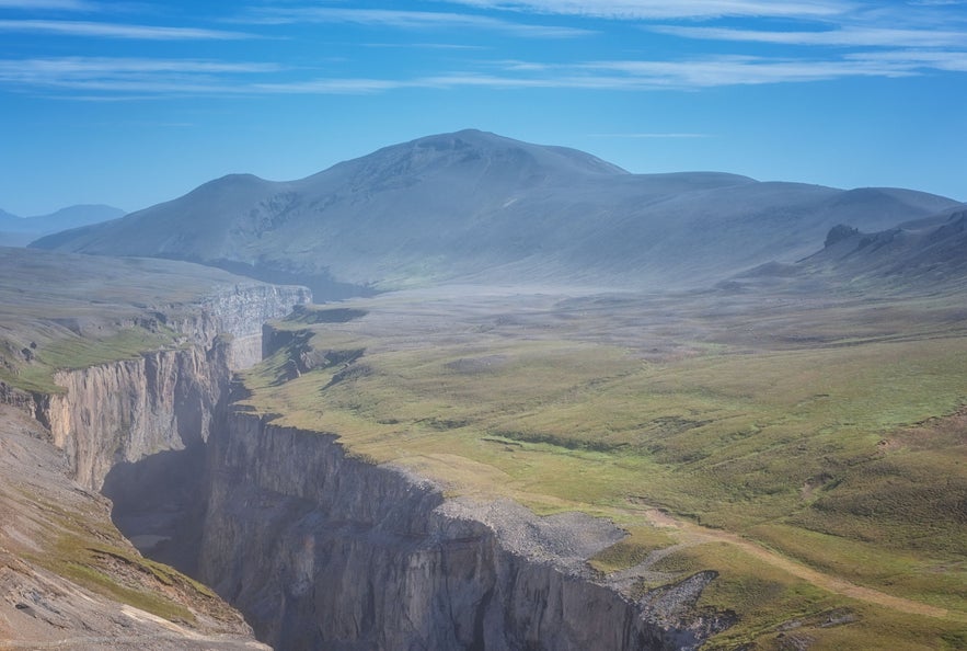 Wide view of Hafrahvammagljufur canyon and surrounding highlands near Karahnjukavirkjun.