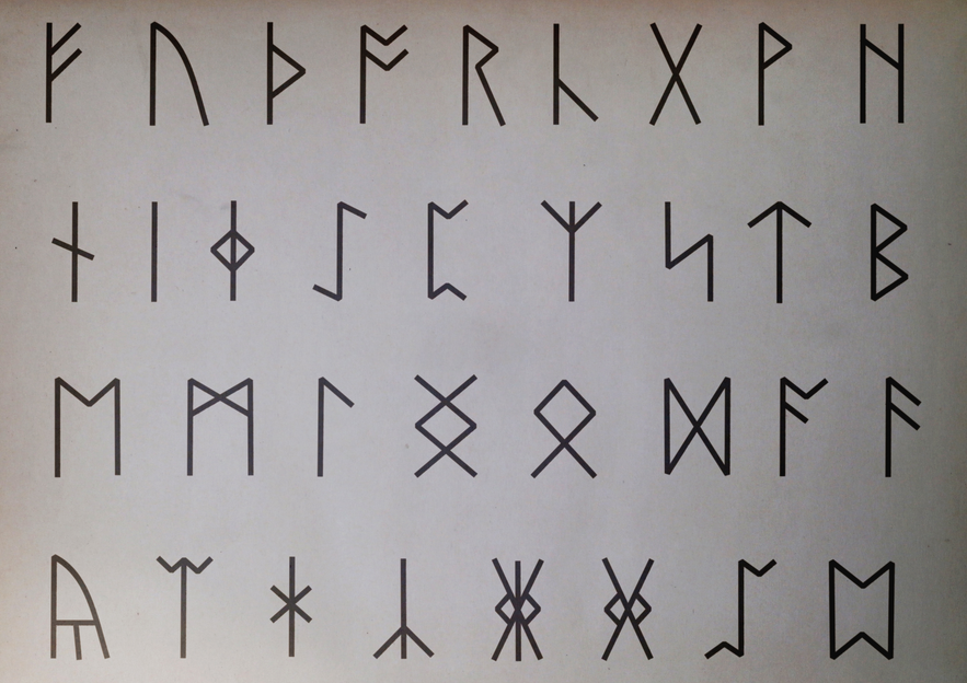 Chart displaying the full Icelandic runes alphabet with distinct angular symbols in black ink
