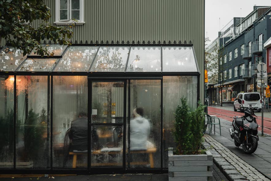 Rain-slicked Reykjavik street outside a glass cafe, a common scene in Iceland's wettest weather.