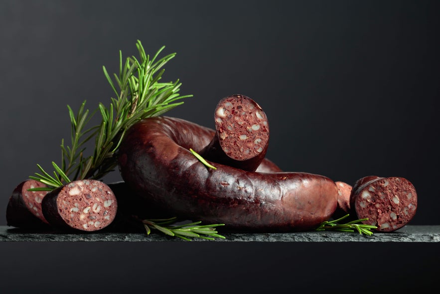 Traditional Icelandic slatur sausage with herbs, a type of weird Icelandic food made from blood and fat