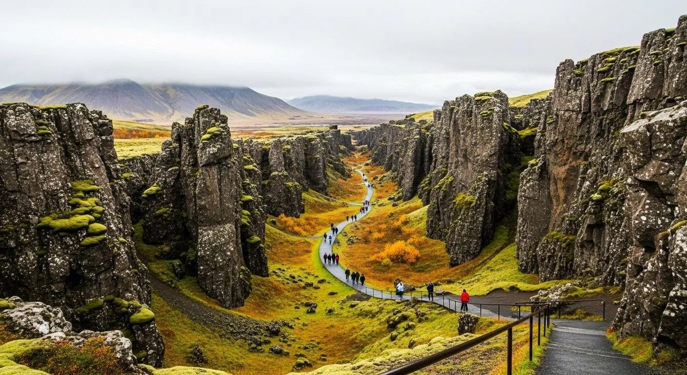 Aerial view of the walking trails along Mid-Atlantic Rift at Thingvellir National Park on Iceland’s Golden Circle route.