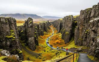 Aerial view of the walking trails along Mid-Atlantic Rift at Thingvellir National Park on Iceland’s Golden Circle route.