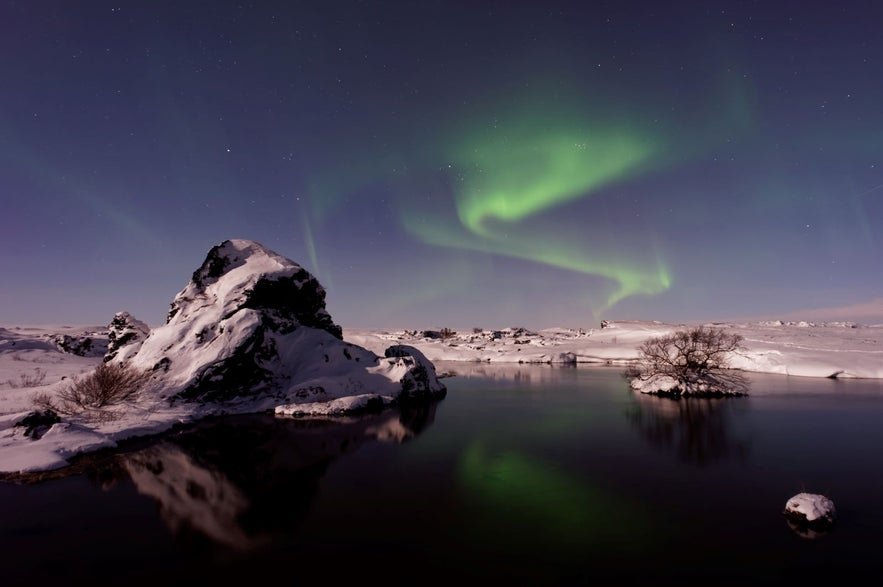 Zorza polarna nad jeziorem Myvatn pokrytym śniegiem na Islandii.