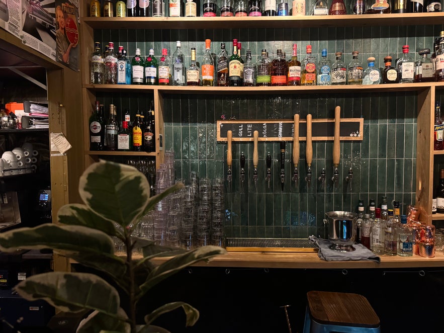 Bar counter at Elly Bar with glassware, green tiled backsplash, and a wide selection of spirits arranged neatly on wooden shelves.