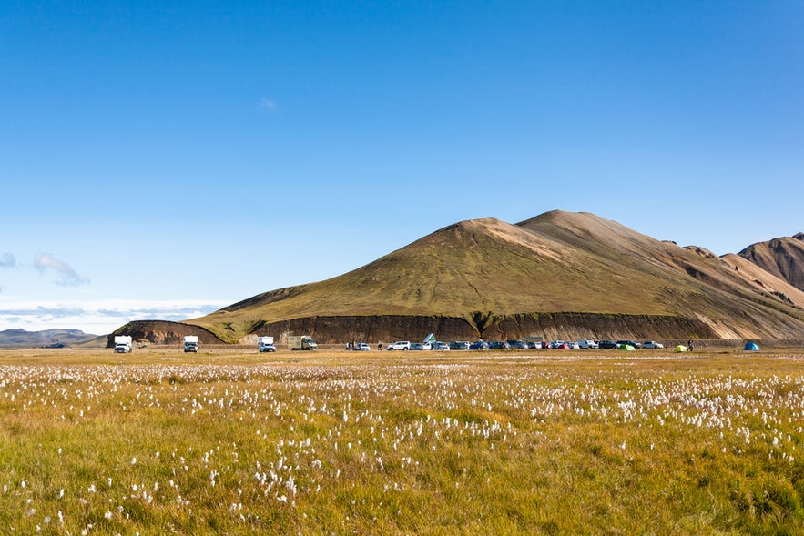 Parking area at Landmannalaugar Campsite in Iceland’s Highlands, with cars and campervans near colorful rhyolite hills.