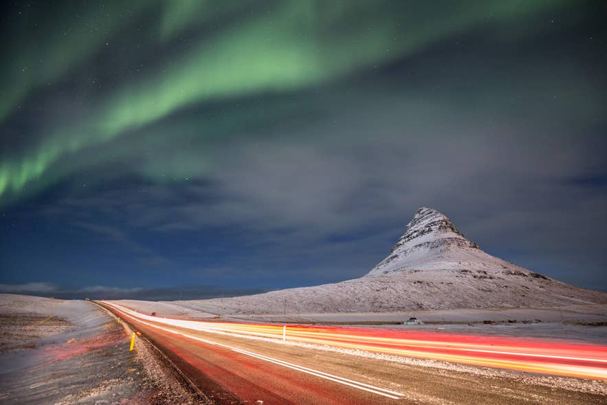 Aurora borealis over Kirkjufell Mountain in Iceland.