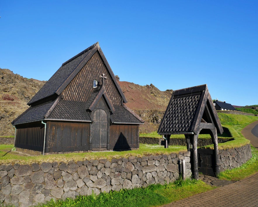 Stafkirkjan wooden church on Heimaey Island in the Westman Islands, Iceland.