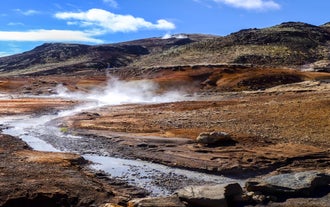 Steam hisses from a geothermal spring that snakes thorough a yellow- and orange-hued landscape at Seltun Geothermal Area in Reykanes.