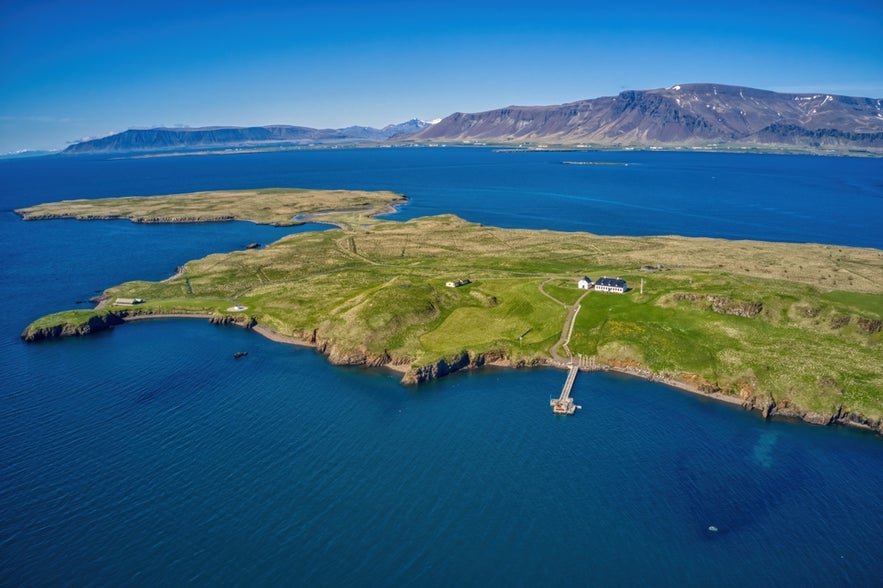 Aerial view of Videy Island near Reykjavik, where the Imagine Peace Tower is located. Aerial view of Videy Island near Reykjavik, where the Imagine Peace Tower is located.