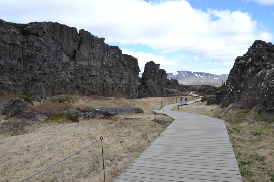 Boardwalk on the Oxararfoss Trail at Thingvellir National Park, one of the best Game of Thrones locations in Iceland.