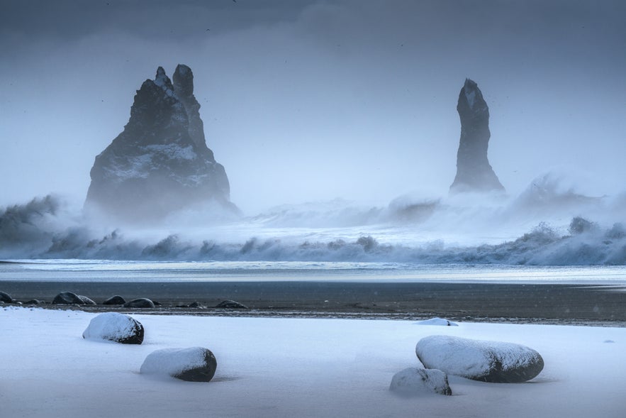 Reynisdrangar Sea Stacks at Reynisfjara Black Sand Beach, iconic Game of Thrones location in Iceland.