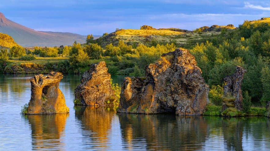 Hofdi Peninsula Rock Formations at Lake Myvatn, one of the scenic Game of Thrones locations in Iceland.