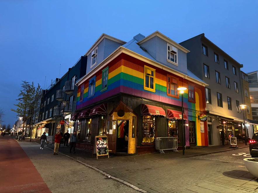 Rainbow-painted exterior of 22 Bar on Laugavegur Street in downtown Reykjavik, a popular LGBTQ+-friendly bar.