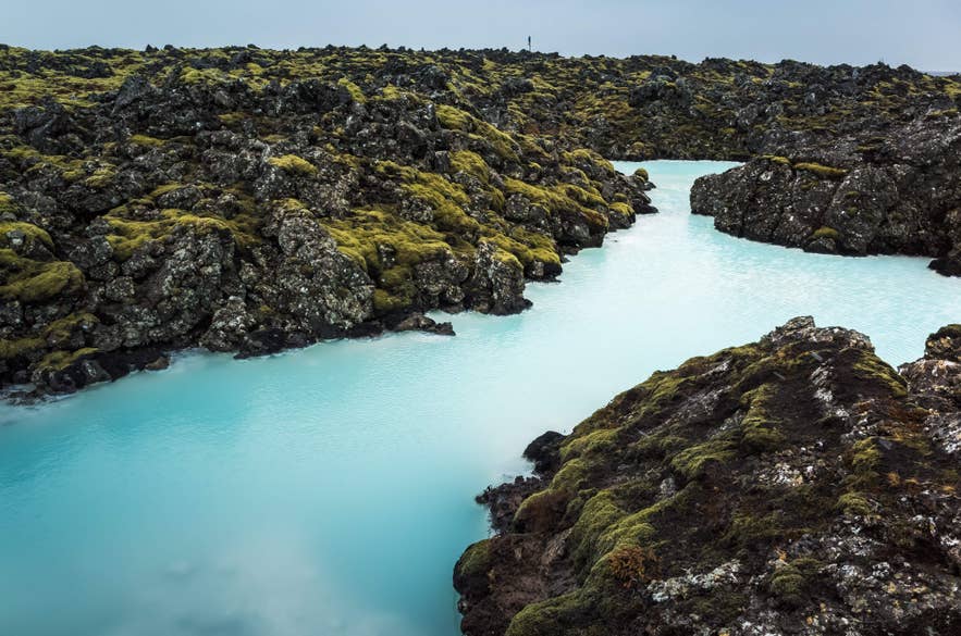 Milchig-blaue Geothermalgewässer fließen durch die Lavafelder nahe der Blauen Lagune und sind ein Symbol für Islands Naturwunder.