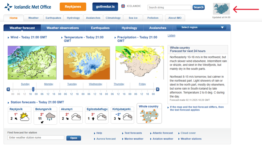 Icelandic Met Office homepage displaying the weather forecast, a trusted resource for current weather in Iceland.