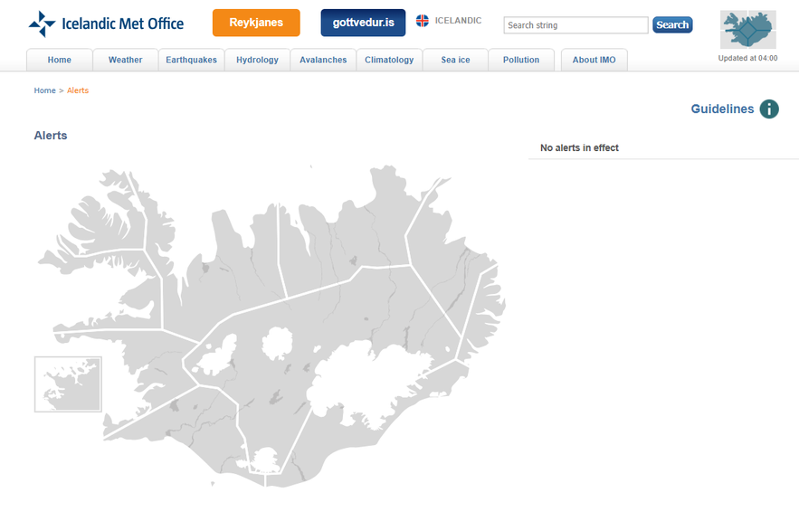 Map of Iceland showing no active weather warnings from the Icelandic Met Office.