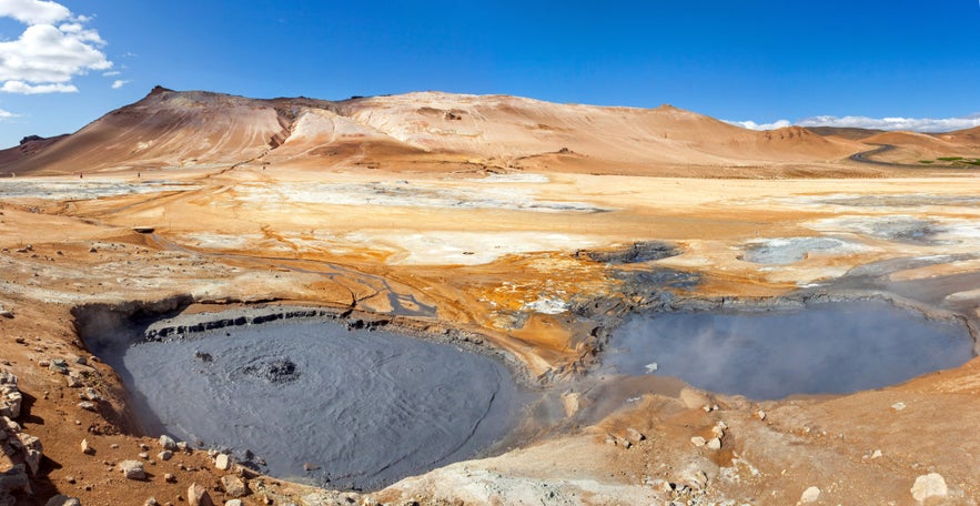 Boiling mud pools and fumaroles at Namafjall Geothermal Area near Lake Myvatn in North Iceland