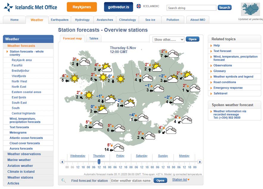A screenshot of the Icelandic Met Office station forecast map shows wind speed and direction in meters per second for locations around Iceland.