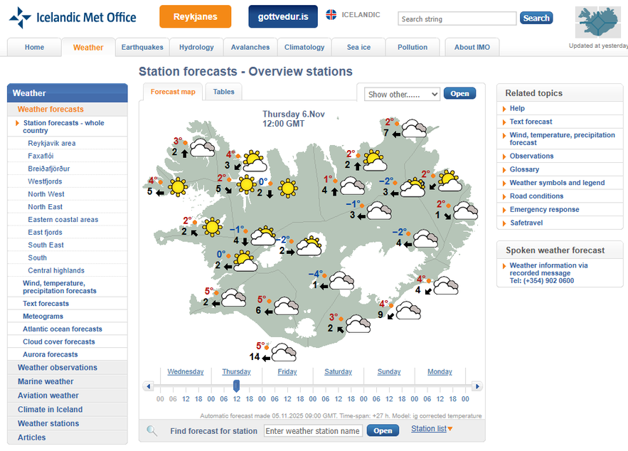 Vedur.is English site showing Iceland weather map with temperatures and forecasts across the country.