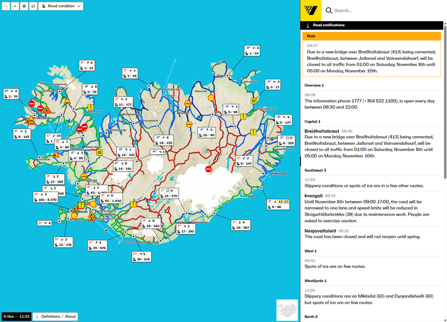 Road.is English site showing Iceland road conditions map with closures, icy routes, and travel updates.