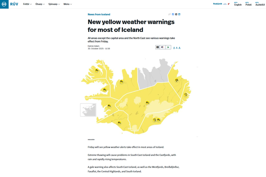RÚV English site showing yellow weather warning map for most of Iceland with affected regions highlighted.