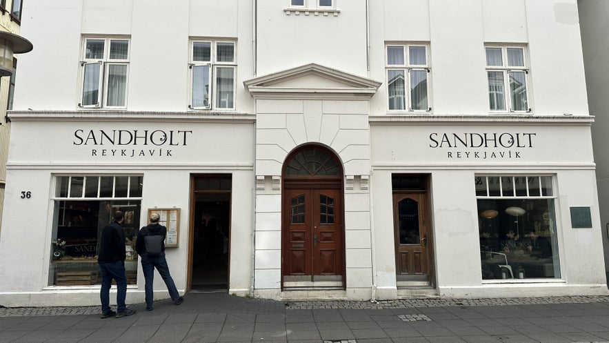 Exterior of Sandholt Bakery on Laugavegur Street in Reykjavík, Iceland, a popular artisan café and bakery