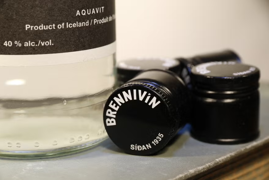 Zoomed in image of a bottle cap of Brennivin, a local schnapps in Iceland