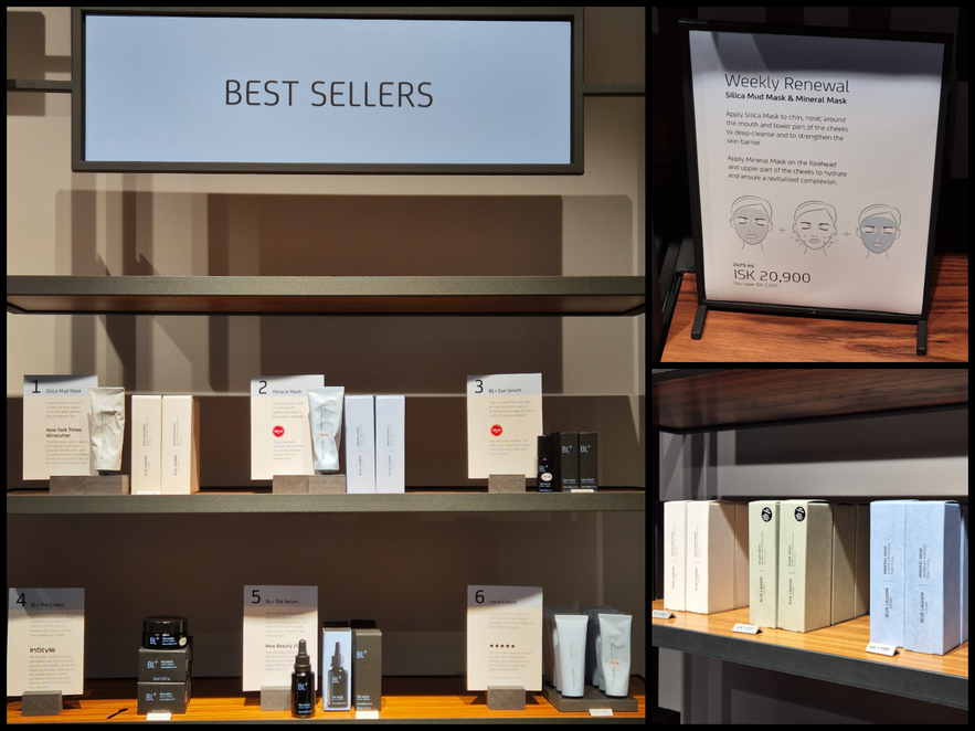 Inside Blue Lagoon Skincare shop showing best-selling products on shelves and a weekly renewal mask duo display.