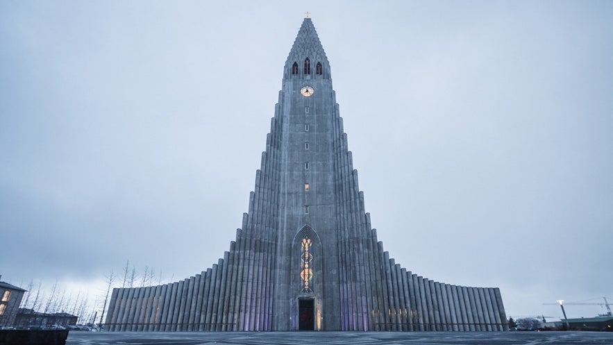 The towering facade of Hallgrimskirkja Church, a famous landmark in Reykjavik. 