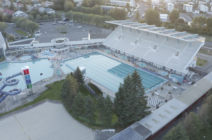 Aerial view of Laugardalslaug Swimming Pool in Reykjavik, one of the top recreational spots in the city in June.