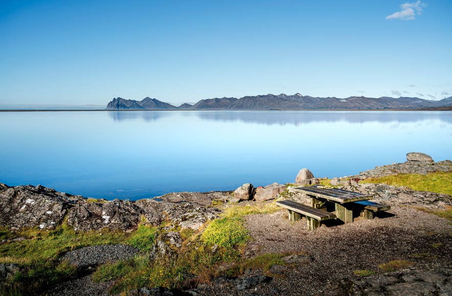 Roligt picnicområde med udsigt over stille vand og bjerge nær Höfn i Sydøstisland på en klar sommerdag.